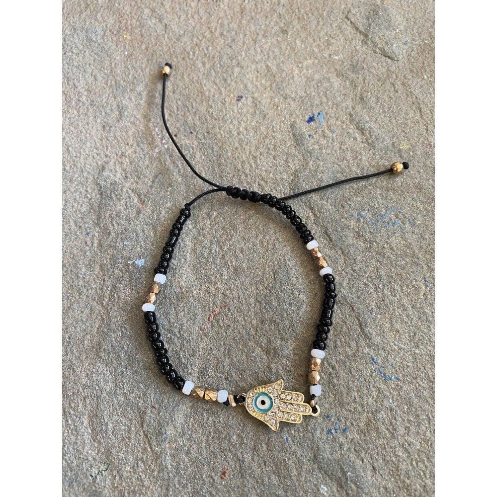 Beaded Bracelet Evil Eye Black Gold White Adjustable